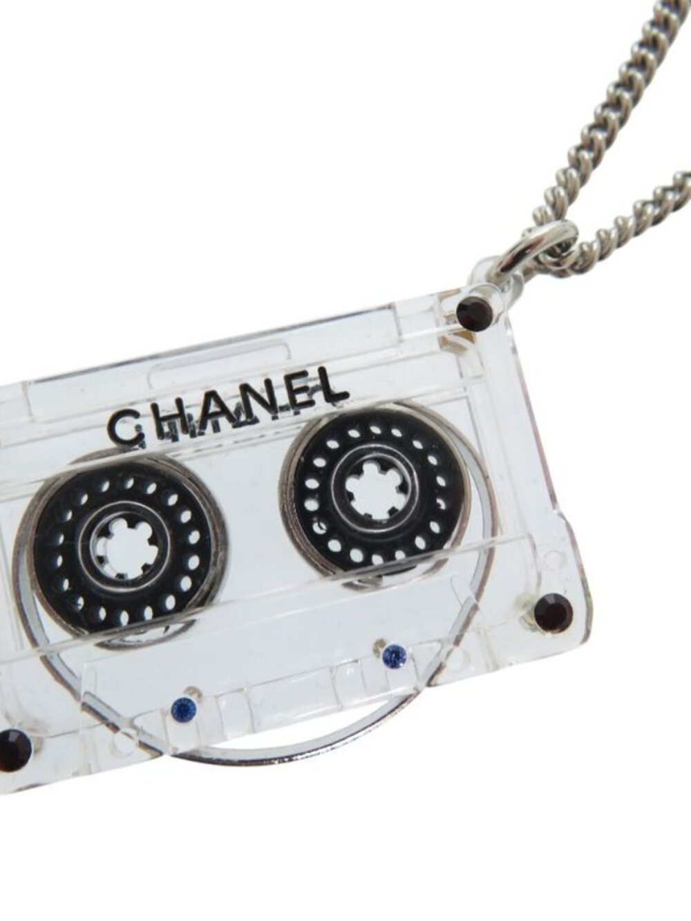 Chanel Cassette Tape Rhinestone Necklace Plastic Clear 1434